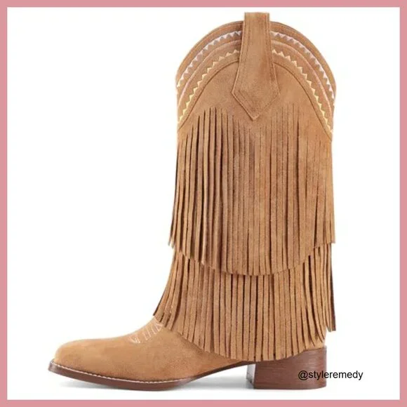 Fringe Mid Calf Cowgirl Boots with Low Chunky Block Heel Square Toe Pull On - Picture 4 of 6
